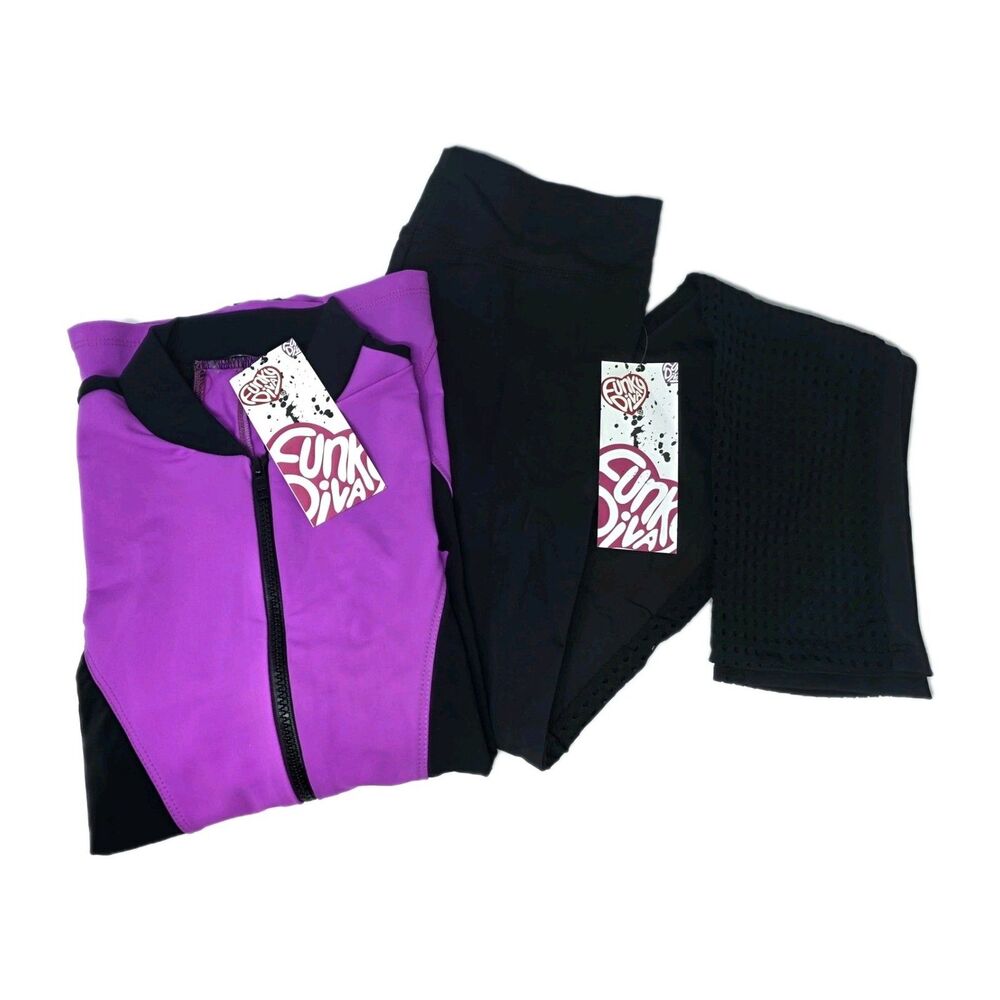 Funky Diva Women's Dancetech Side Mesh Leggings & Athletic Jacket Set Purple - Picture 5 of 14